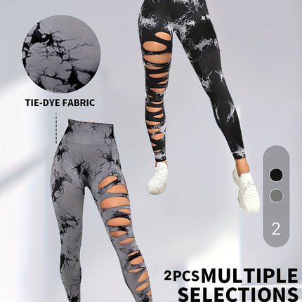 2 Pack Hollow Sexy High Elastic Women's Tie Dye Cutout Tights High Waist Workout Yoga Leggings, Scrunch Butt Lifting Elastic Pants, Tummy Control Butt Lifting Workout Yoga Athletic Pants