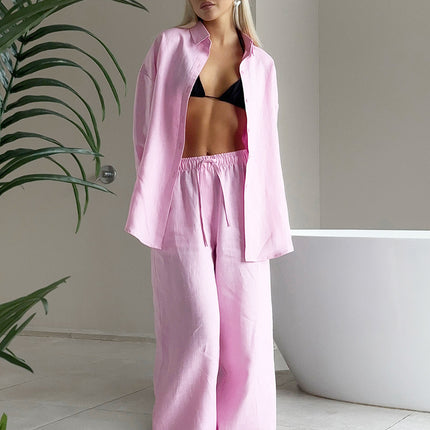 Women's Solid Color Loose Shirt Trousers Suit
