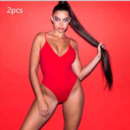 Summer Bikini Backless String Large Size Sexy Solid Color Triangle One-piece Swimsuit Womens Clothing 2pcs