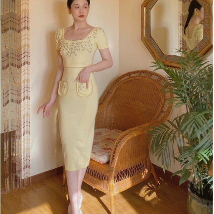 Half sleeve square neck pocket dress