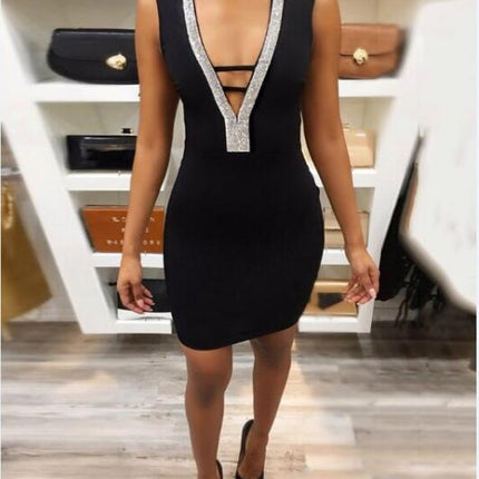 Sexy Slim Ladies Deep V-neck Bodycon Party Dresses Women Summer Sleeveless Hollow Out Backless Package Hip Dress Clubwear