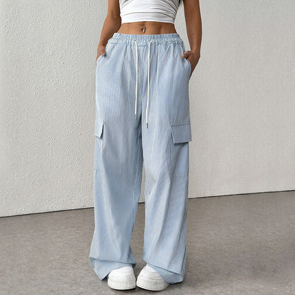 Women's Casual Elastic Striped Pocket Trousers