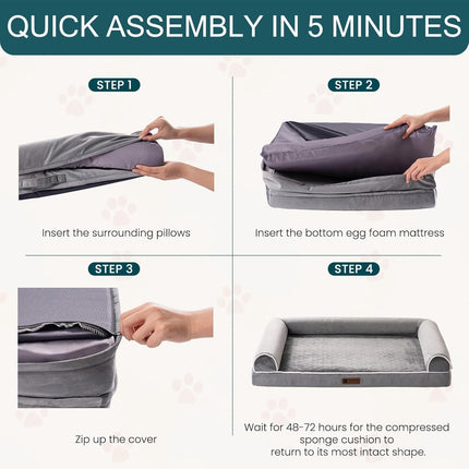 MEWOOFUN Orthopedic Dog Bed For Large Dogs - XL Egg Crate Foam Mattress With Removable Washable Cover, Waterproof Pet Couch Bed Grey, Extra Large