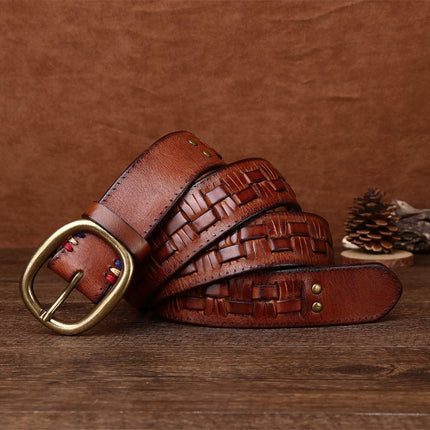 Men's Hand-woven First Layer Cow Leather Belt Personalized Punch-free Brass Buckle