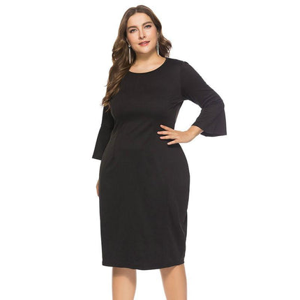 Round Neck Plus Size Slim Fit Flared Sleeve Mid-length Dress