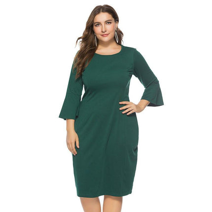 Round Neck Plus Size Slim Fit Flared Sleeve Mid-length Dress