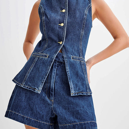 Denim Fashion Casual Sleeveless Women's Suit