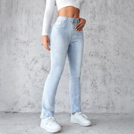 Women's Straight Leg Slim Fit Jeans, Fashionable And Simple Light Blue Pants