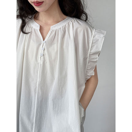 Casual Lace Ruffle Sleeve Shirt Top V-neck Buttons Pleated