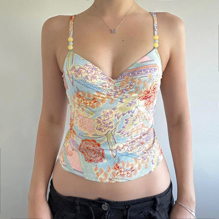 French Retro Printed Contrast Color Beaded Camisole