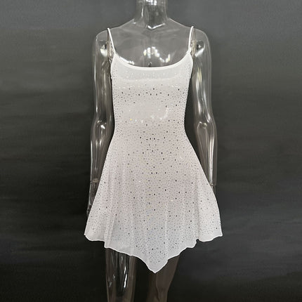 Trendy Rhinestone Sheer Party Dress - Women's Sexy Mini