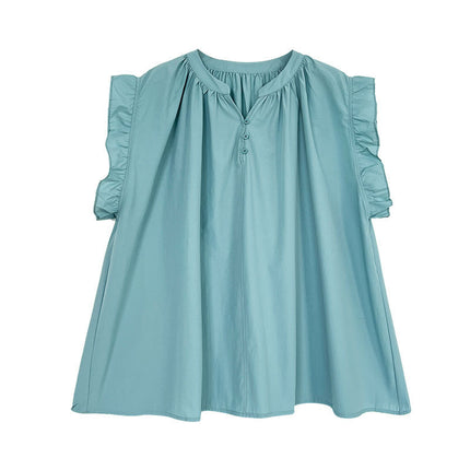 Casual Lace Ruffle Sleeve Shirt Top V-neck Buttons Pleated