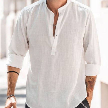 Men's Casual Stand-up Collar Door Barrel Solid Color Long-sleeved Shirt