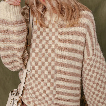 Khaki Stripe Checkerboard Drop Shoulder Balloon Sleeve Sweater
