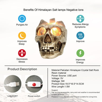 Skull Pakiatan Himalayan Crystal Salt Lamp USB Dimmable Night Light