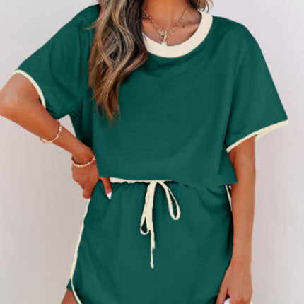 Turquoise Colorblock Edge Drop Shoulder T Shirt And Skort 2Pcs Set