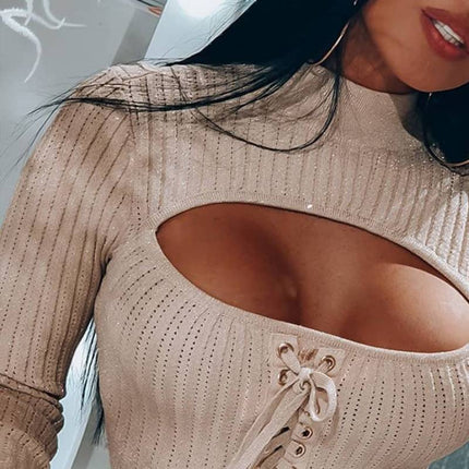 New style long-sleeved tie high neck knitted top