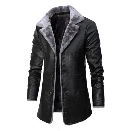 Plush Lapel Leather Jacket Winter Warm Fleece Single-breasted Coat For Men Long Clothing