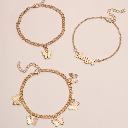 European and American Jane Flower Butterfly Tassel Anklet 3-Piece Set
