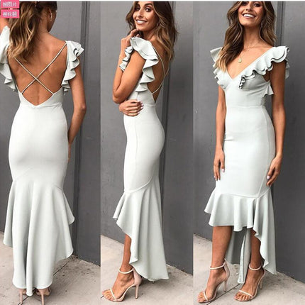 Ladies Ruffled Sleeve Skirt Deep V-neck One-step Dress