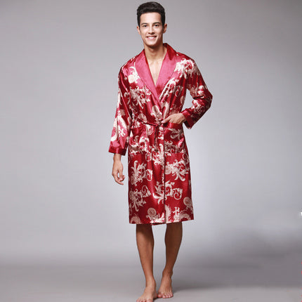 Long-Sleeved Nightgown, Printed Dragon Pattern, Long Bathrobe, Imitation Silk Home Service
