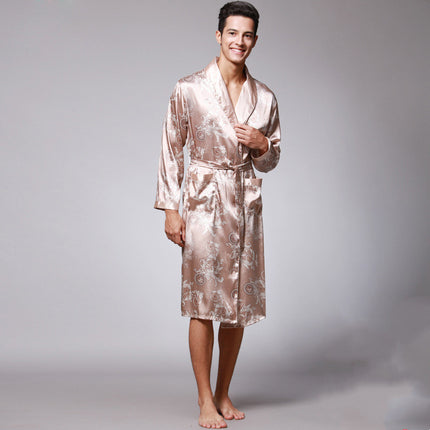 Long-Sleeved Nightgown, Printed Dragon Pattern, Long Bathrobe, Imitation Silk Home Service
