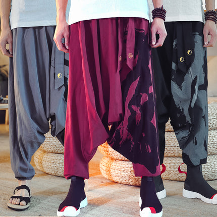Chinese Style Cotton And Linen Baggy Men's Loose Cropped Pants With Printed Ankle Cuffs