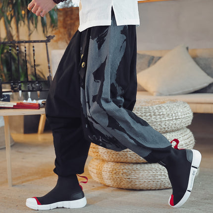 Chinese Style Cotton And Linen Baggy Men's Loose Cropped Pants With Printed Ankle Cuffs
