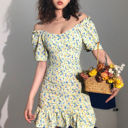 Printed And Dyed Floral Halter Back Slim Wrap Arm Ruffle Dress