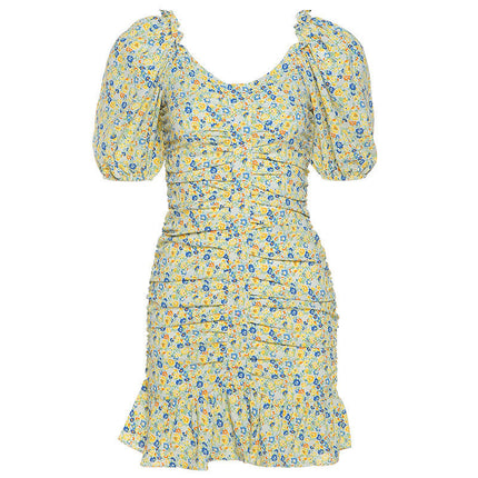 Printed And Dyed Floral Halter Back Slim Wrap Arm Ruffle Dress