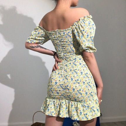 Printed And Dyed Floral Halter Back Slim Wrap Arm Ruffle Dress