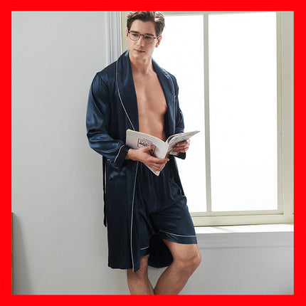 Xifenni Spring And Summer Men's Long-sleeved Nightgown Ice Silk Shorts