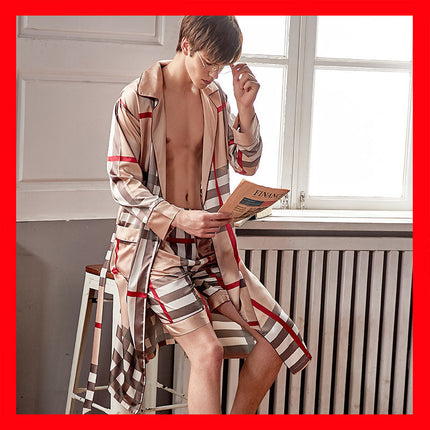 Xifenni Spring And Summer Men's Long-sleeved Nightgown Ice Silk Shorts