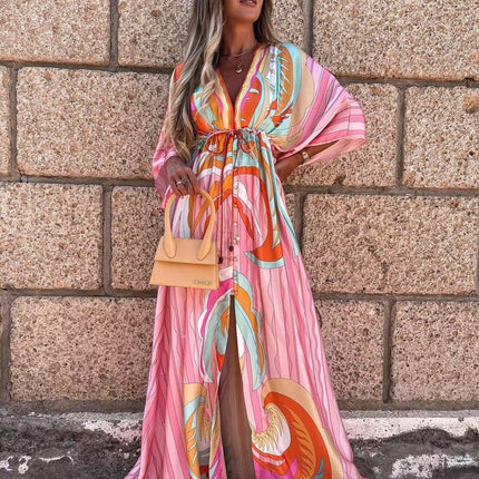 Women's V Neck, Short Sleeved, Printed And Large Length Long Dress