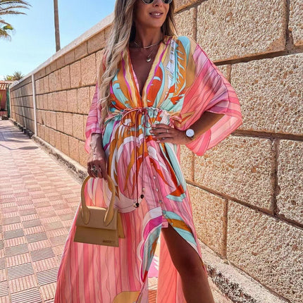 Women's V Neck, Short Sleeved, Printed And Large Length Long Dress