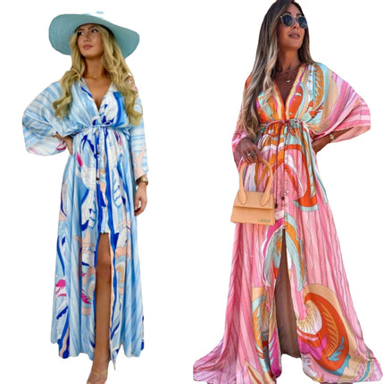 Women's V Neck, Short Sleeved, Printed And Large Length Long Dress