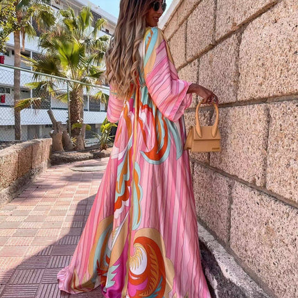 Women's V Neck, Short Sleeved, Printed And Large Length Long Dress