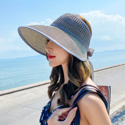 Sun Hat Women's Big Brim Hollow Top Hat Hollow Summer Outdoor Big Brim No Top Folding Anti-ultraviolet Sunscreen