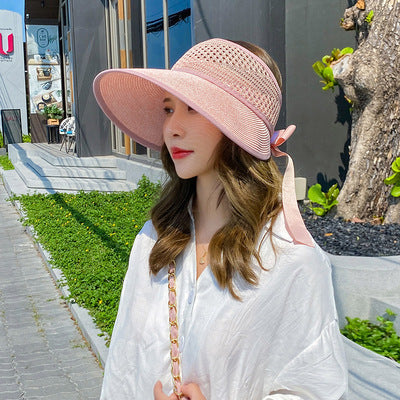 Sun Hat Women's Big Brim Hollow Top Hat Hollow Summer Outdoor Big Brim No Top Folding Anti-ultraviolet Sunscreen