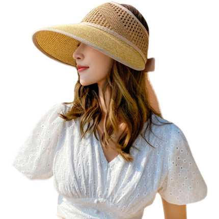 Sun Hat Women's Big Brim Hollow Top Hat Hollow Summer Outdoor Big Brim No Top Folding Anti-ultraviolet Sunscreen