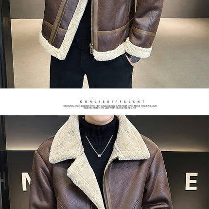 Fur Integrated Motorcycle Jacket Men's Fleece-lined Thickened Leather Jacket