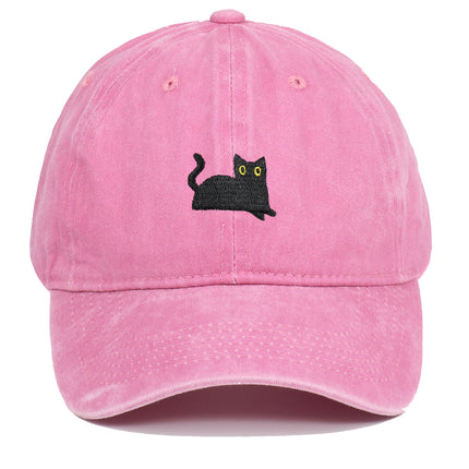 Black Cat Embroidered Washed Baseball Cap Sun Hat