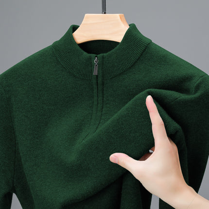 Men's Half-high Collar Zipper Sweater Middle-aged Men's Thickened Keep Warm Pure Color Sweater