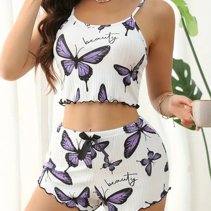 Butterfly Print Suspender Shorts Comfortable Casual Suitable For Daily Wear Ladies' Homewear