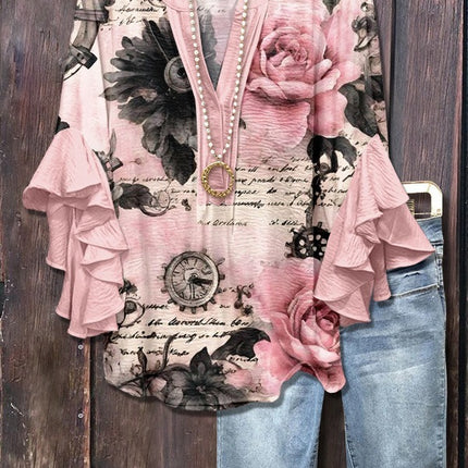 Women's Creative Printing Casual V-neck Lotus Sleeve T-shirt