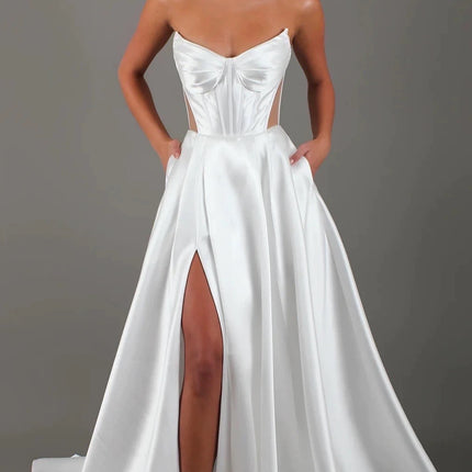 White Satin Slit Pocket Bandage Wedding Dress