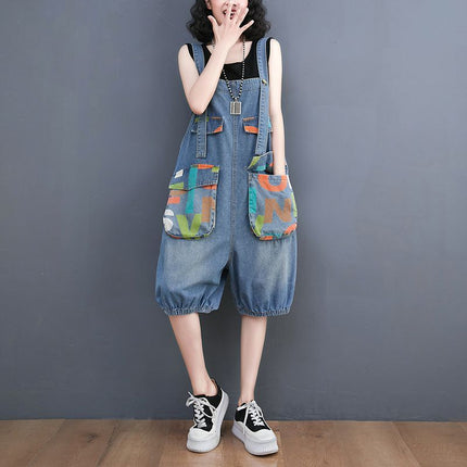 Women's Denim Printing Loose Leisure All-matching Suspender Pants
