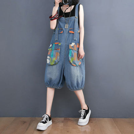 Women's Denim Printing Loose Leisure All-matching Suspender Pants