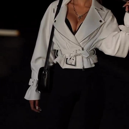 Solid Color Leather Cropped Jacket