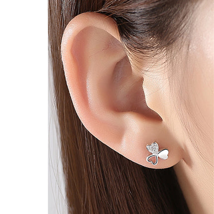 925 Silver Lucky Clover Zircon Stud Earrings Flower Cute